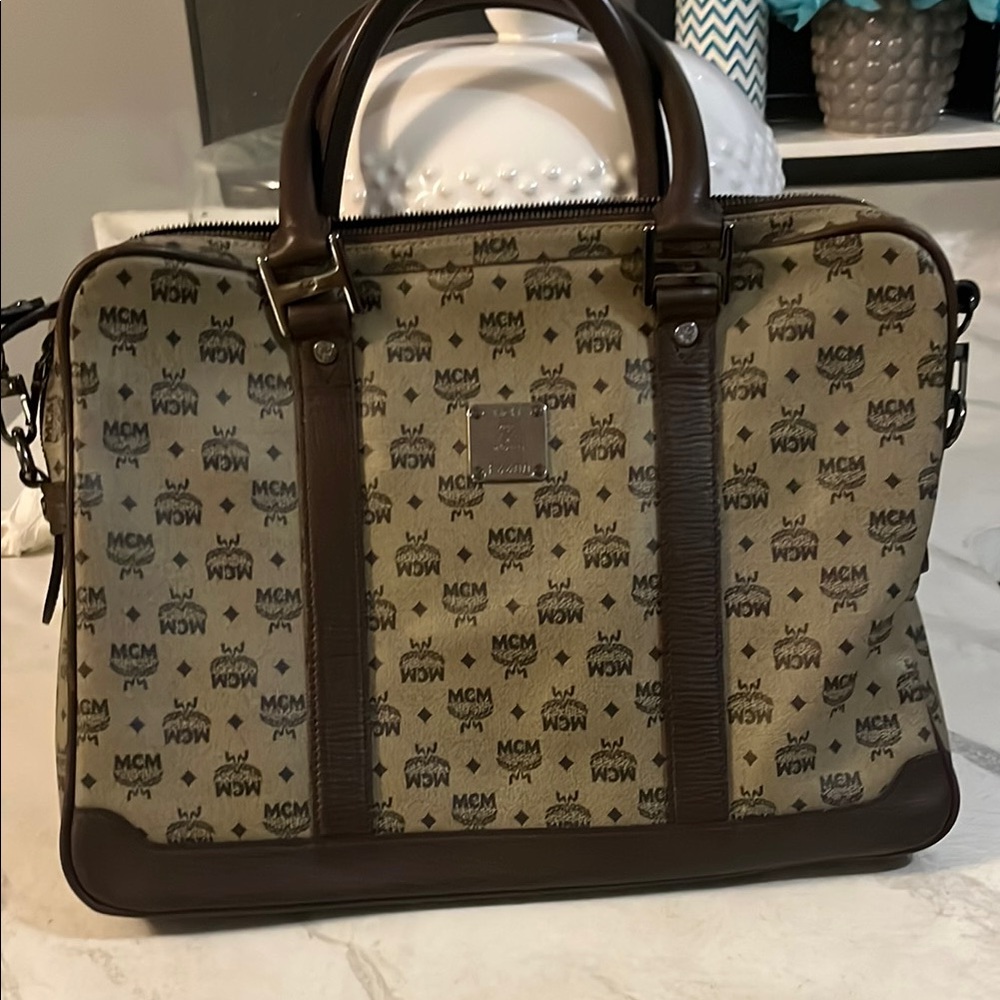 MCM Brown Leather Trim Monogram Briefcase